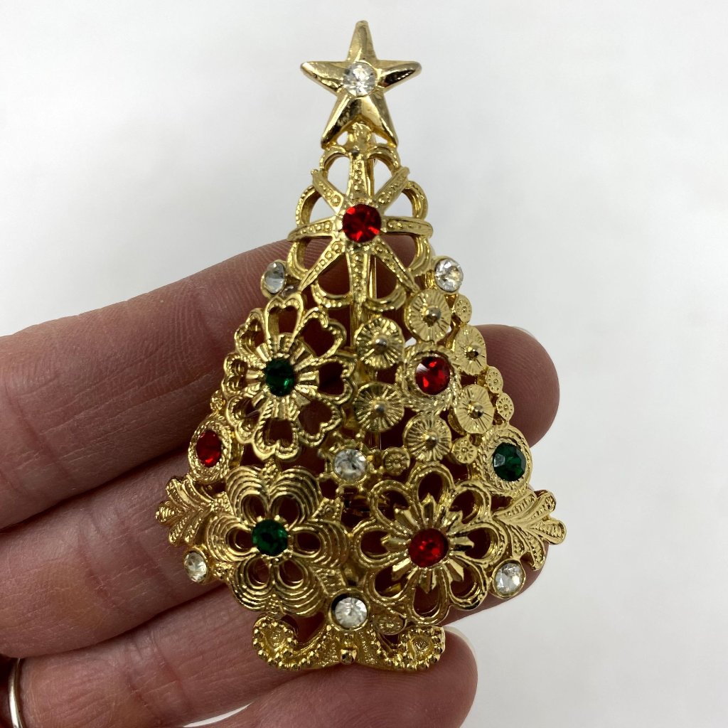 Gold Christmas Tree Brooch Intricate Details Red Green And Clear Stones Signed A